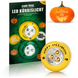 com-four® 2x LED-Licht für Halloween - Kernzenflackern, Stroboskop Effekt - Blinkende Kürbis LED Lichter für ausgehölte und geschnitzte Kürbisse - Kürbis-Lampe für Halloween (Set LED - gelb + grün)