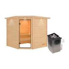 Karibu Sauna Tilda mit Kranz Set Naturbelassen mit Ofen 9 kW integr. Steuerung