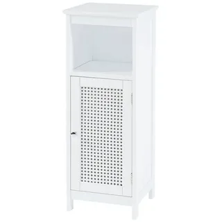 [en.casa] Badezimmerschrank Karlsøy Toilettenschrank schmaler Badschrank mit offenem Fach Schranktür im Rattan Design Nischenschrank Midischrank 80x30x28cm Weiß