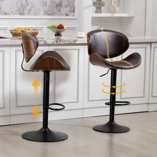 Barhocker 2er Set Drehbar Höhenverstellbar Barstuhl aus gebogenem Holz Kunstleder Ergonomische Rückenlehne Fußstütze Kücheninsel Tresenhocker Braun - Braun