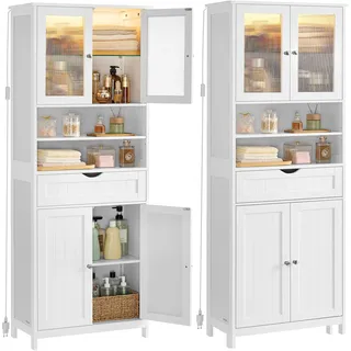 VASAGLE Badezimmerschrank mit LED-Beleuchtung, Badschrank, Aufbewahrungsschrank mit verstellbaren Ablagen, Schublade, offenen Fächern, für Badezimmer, Wohnzimmer, Esszimmer, wolkenweiß BBC767W03