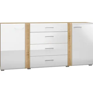 Anrichte Sideboard 190 cm in Eiche Castello Nb. mit weiß Hochglanz AKRON-131 hochwertige MDF Fronten mit filigraner Fräsung, B/H/T: ca. 190/90/42 cm - Weiß