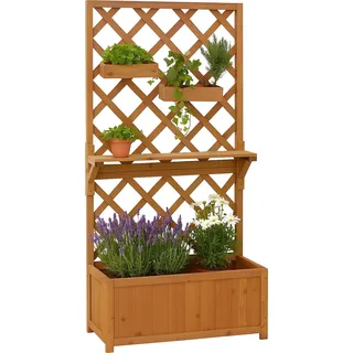 Hochbeet HWC-P68, Pflanz-/Blumenkasten Rankgitter Rankhilfe Ablage Hängekästen Holz  135x70x30cm  natur - Braun