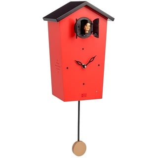 KOOKOO Birdhouse rot, Moderne Design Kuckucksuhr mit 12 heimischen Vogelstimmen oder Kuckuck, Aufnahmen aus der Natur