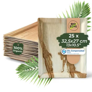BIOZOYG Servierplatte 25 Stück 32,5 x 27 cm rechteckig - Palmblatt Teller Serviertablett Kuchenplatte kompostierbar Tablett - Snackteller, Alternative zu Schiefertafeln