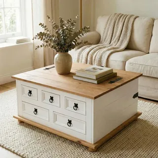 Idimex Mexico Möbel Truhentisch Tequila , Weiß, Braun , Holz , Kiefer , Vintage , 92x44x72 cm , FSC Mix , Wohnzimmer, Wohnzimmertische, Couchtische