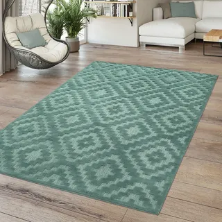 TT Home In-& Outdoor Teppich Wetterfest Balkon Küche Wohnzimmer Boho Skandi Design Größe 160 cm Rund - Türkis