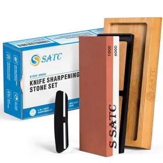 S SATC Schleifstein Messer Körnung 1000/6000 Wetzstein Professionell Schärfstein 4-IN-1 Messerschärfer Abziehstein Sharpening Stone mit Rutschfeste Bambusbasis und Winkelführung