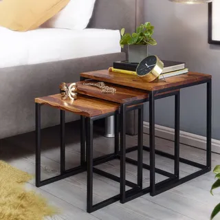 FineBuy Satztisch 3er Set Sheesham Massivholz / Metall Beistelltisch Eckig Modern Couchtisch 3-teilig Wohnzimmertisch Platzsparend Holztisch - Braun