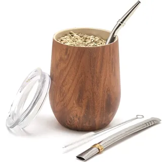 balibetov - Neu - Modernes Yerba Mate Gourd Set (Mate Tasse) - Doppelwandiger 18/8 Edelstahl Enthält zwei Bombillas und eine Reinigungsbürste (HOLZ, 235 ml)