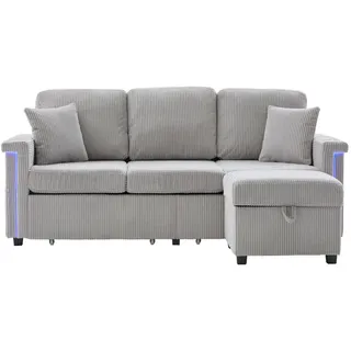 Redom Modulares Sofa Corduroy mit LED und USB-Anschluss Stauraum und Taschen 194/73/81 cm Hellgrau , Textil , 194x73 cm , Wohnzimmer, Sofas & Couches, Wohnlandschaften, Ecksofas