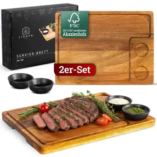 LIKAYA® Servierbrett XXL 2er-Set 'Santiago' – FSC® Akazienholz mit Saucenschüsseln | Perfekt als Grillbrett, Steakbrett & Geschenk für Burger, Steak & Sushi