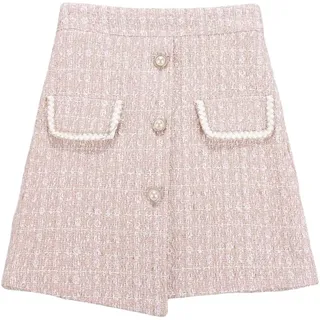 RWGSNB Rosafarbener Tweed-Minirock Für Damen. Unregelmäßiger, Eleganter Kurzer Rock, Schicke Knöpfe, Hohe Taille, A-Linien-Rock Mit Futter, Schmaler, Hüftumwickelter Rock Für Damen Und Mädchen