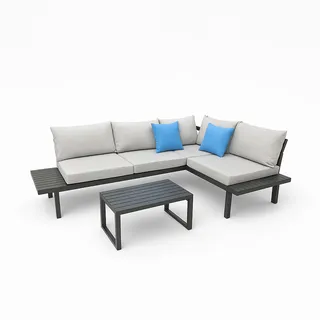 greemotion Gartenlounge-Set Samoa Lounge-Set Schwarz-Holz / Grau inkl. Auflagen & Tisch - Grau, Schwarz