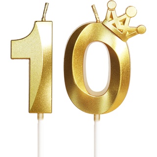 Geburtstagskerze 10 Zahlenkerze 10 mit Krone, 5cm Gold Geburtstagskerzen, Kerzen Geburtstag, Tortendeko Geburtstag, Tortendekoration für Kinder, Erwachsene, 10. Geburtstagsfeier, Jubiläum, Nummer 10