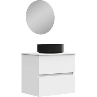 Baikal Badezimmerschrank Onyx Black, 2 Schubladen, hängend an der Wand, mit Keramikwaschbecken in Mattschwarz, Melamin 16 mm, montiertes Waschbecken, rund, mit Spiegel, 60 cm, Weiß