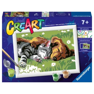 Ravensburger CreArt: Dog and Cat Sweet Sleep - Malen mit Zahlen für Kinder ab 7 Jahren, Malset mit Brettern, Rahmen, Pinsel und Farben im Lieferumfang enthalten, 14 x 19 cm, Geschenkideen