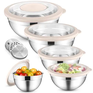 HaWare Rührschüssel 5er Set, Edelstahl Schüssel Salatschüssel Set mit Transparenten Luftdichten Deckeln & 3 Reibenaufsätzen zum Kochen Backen, 4,5L/2,8L/1,5L/1,2L/0,7L, Spülmaschinenfes, Khaki