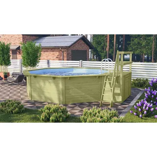 Achteckpool KARIBU "Rimini 2X mit Sonnendeck", braun, B:550cm H:121cm L:470cm, Schwimmbecken, Achteckpool, BxLxH: 550x470x121 cm