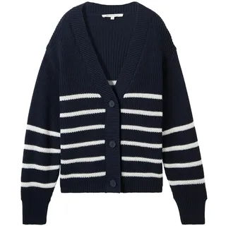 Tom Tailor DENIM Damen Strick Cardigan mit V-Ausschnitt, blau, Gestreift, Gr. XXL