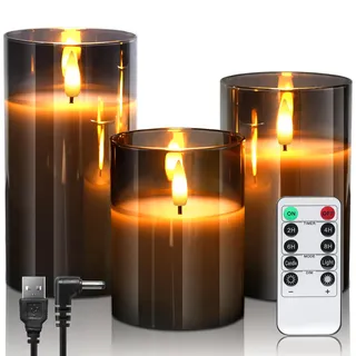 daphomeu Wiederaufladbare LED Kerzen mit Fernbedienung und Timer | 3 Stück, Flackernde Elektrische LED Kerzen für Home Decoration Hochzeit Party Halloween Weihnachten, Grau Glas