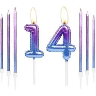 Lila blaue 14th Geburtstag Kerze, Lila Zahl 14 Kerzen für Kuchen, bunte dünne Party Kerzen, Happy Birthday Kerzen Zahl, Lila blaue Kuchen Kerzen Kuchen Toppers für Mädchen Jungen Geburtstag Party
