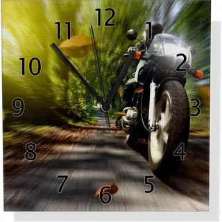 Wallario Design Wanduhr Fahrendes Motorrad im Wald mit Herbstlaub aus Aluverbund, Größe 30 x 30 cm - Schwarz