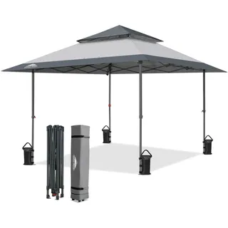 EAGLE PEAK Schräge Beine Faltbar Pavillon 4x4m Wasserdicht Camping Pop-up Faltpavillon mit Seitenteil, inkl. Rucksack, Grau/Hellgrau