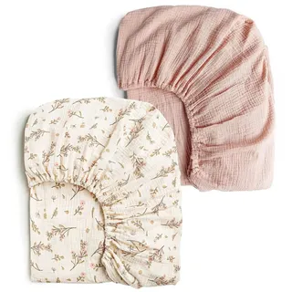 2 Stück Musselin Spannbettlaken für Beistellbett und Kinderwagen, Atmungsaktive Baumwolle Spannbettlaken für Babybett Stubenwagen und Matratze ca. 80x40 cm