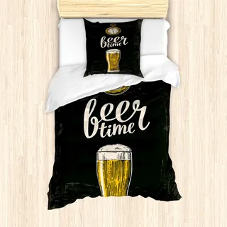 ABAKUHAUS Modern Mantele, Bier-Zeit und Alte Uhr, Milbensicher Allergiker geeignet mit Kissenbezügen, 135 cm x 200 cm - 80 x 80 cm, Dark Green Yellow Creme - dunkelgrün, Gelb, Creme