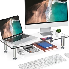 FITUEYES Monitorständer aus Glas, 56 cm Bildschirmerhöhung, Großer Laptopständer, Multifunktionaler Schreibtisch-Organizer mit Höhenverstellbarem Bein für Heimbüro, Transparent