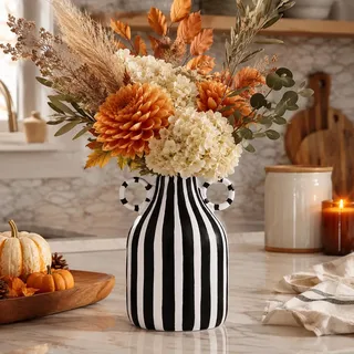 oliruim Moderne schwarz-weiße gestreifte Vase – minimalistische, flippige Boho-Akzentvase für Wohnzimmer, Couchtisch, Büro, Bücherregal und Fensterbank (B)