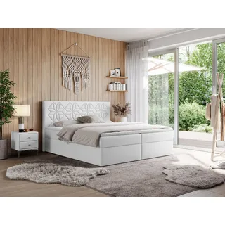 MKS Meble Boxspringbett 140x200 mit Matratze H4 und Bettkasten, Doppelbett Bett mit Stauraum und Topper, Polsterbett 140x200 mit Kopfteil - Leila - Weiß Kunstleder - H4 - Weiß