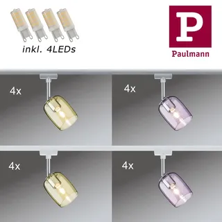 4er Set Paulmann URail Schienensystem Spot Blossom inkl 4x G9 Warmweiß LED 3W 40W Helligkeit Warmweiß, Chrom matt/ Weiss - Pink/ Gelb transparent 230V Metall/Glas