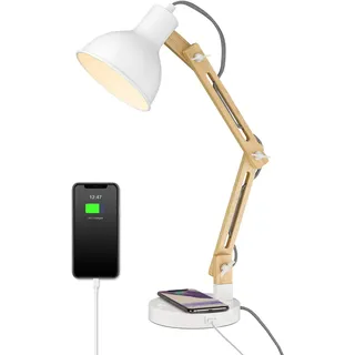 ELYONA Schreibtischlampe Weiß Holz mit Induktiver Ladestation & USB-C, Sapeli Massivholz Tischlampe, Skandinavische Leselampe für Büro & Schlafzimmer, Inkl. 3-Farben LED, Modernes Design