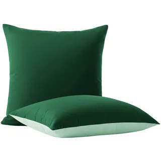 wometo 2er Set Kissenbezug 80x80 Oeko-TEX dunkelgrün & grün Wende-Design | Doppelpack Kissenhülle farblich perfekt abgestimmt I klassischer Hotelverschluss I 2-farbige Optik