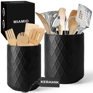 MIAMIO – Küchenutensilienhalter Keramik / Küchen Organizer Set für die Aufbewahrung von Besteck, Kochlöffel und Zubehör - Palmanova Kollektion (Schwarz)