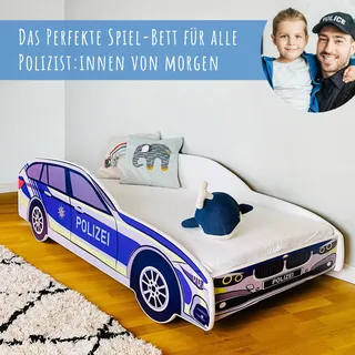 Autobett 70x140 cm Spielbett Kinderbett mit Matratze, Rausfallschutz und Lattenrost 140x70 cm Bett Kinder Polizei Auto Wagen - Blau