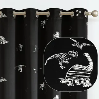 Vangao Schwarze Verdunkelungsvorhänge, Dinosaurier-Vorhänge für Jungen, Kinderzimmer, Mädchenzimmer, silberfarbener Dino-Foliendruck, wärmeisoliert, Ösenvorhang, 160 cm Länge, 2 Paneele