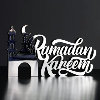 iwa concept Islamische Tischdekorationen aus Holz mit Acryl, Ramadan-Kareem-und Eid-Mubarak-Dekoration, islamisch muslimische Geschenke, Ramadan Kareem-3, Silber