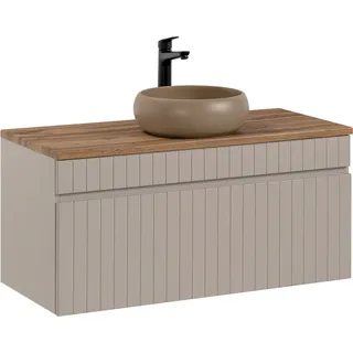 Waschtisch Unterschrank 100 cm Keramik Aufsatzwaschbecken IRAKLIO-56-CASHMERE Kaschmir Eiche Nb. B/H/T ca. 100,4/60,5/46 cm - Beige