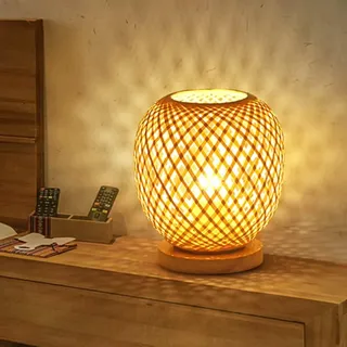 GUANSHAN Bambus-Weblaterne, Tischlampe, Nachttischlampe, ländlicher Stil, Nachtlicht, dekoratives Licht, Tischbeleuchtung, Bambus-Weberei, Schreibtisch-Lampenschirm für Schlafzimmer