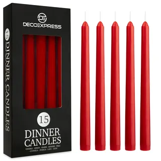 DECO EXPRESS Stabkerzen Set 6er, 10, 15 oder 50er, Lange Brenndauer bis zu 8 Std, Geruchslos(Rot, 15-er Set)