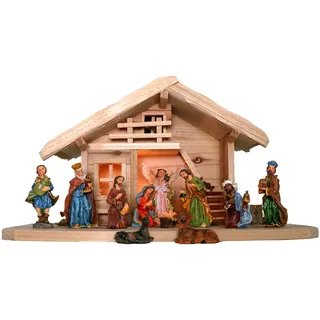 mgc24 Weihnachtskrippe Tischkrippe aus Holz mit 11 handbemalten Figuren | Komplettes Krippenspiel mit Krippenstall und LED-Beleuchtung | dekorative Weihnachtsdekoration für Advent & Festtage