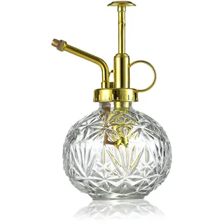 KoGiio Pflanzen Glas Sprühflasche, 240ml Retro Relief Pflanzensprüher mit Pumpe, Blumen Zerstäuber Drucksprüher für Balkon Kleiner Gartenpflanzen Indoor Haus Oder Büro Transparent + Goldener Sprühkopf