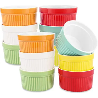 LDXDRU 12er Set Souffle Förmchen Backofenfest, 200 ml Creme Brulee Schälchen Set Keramik zum Backen und Anrichten, Mini Multicolor Porzellan Auflaufförmchen für Desserts, Muffins, Pasteten