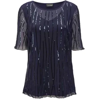 Langarm-Poloshirt GOLDNER "Mit funkelnden Pailletten besetztes Mesh-Shirt", Damen, Gr. 44, blau (mitternachtsblau, bestickt), Obermaterial: 90% Polyamid PA. 10% Elasthan EL., festlich, Rollkante, Shirts Langarm-Poloshirt, Vorder- und Rückteil blickdicht unterlegt