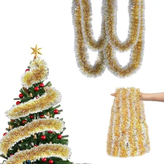 Rehecher Girlande Weihnachten Gold 10m – Glänzend Lamettergirlande, Weihnachtsbaumschmuck Girlande & Weihnachten Deko, Einfache Formung für Weihnachtsbaum Dekoration (Innerer Metalldraht)