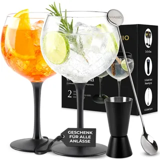 MIAMIO - 2 x 650 ml Gin Glas / 2er Gin Gläser Set -Hochwertige Gin Tonic Gläser ideal für Gin und Cocktails - Geschenk Set inklusive Messbecher Glas und Rührlöffel Crystaluna Kollektion (Gin Tonic)