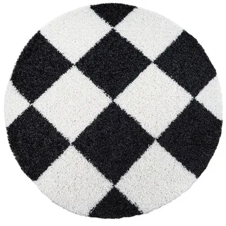 Hochflorteppich , Schwarz, Weiß , Textil , Karo , rund , für Fußbodenheizung geeignet, schmutzabweisend, für Hausstauballergiker geeignet, pflegeleicht , Teppiche und Böden, Teppiche, Runde Teppiche